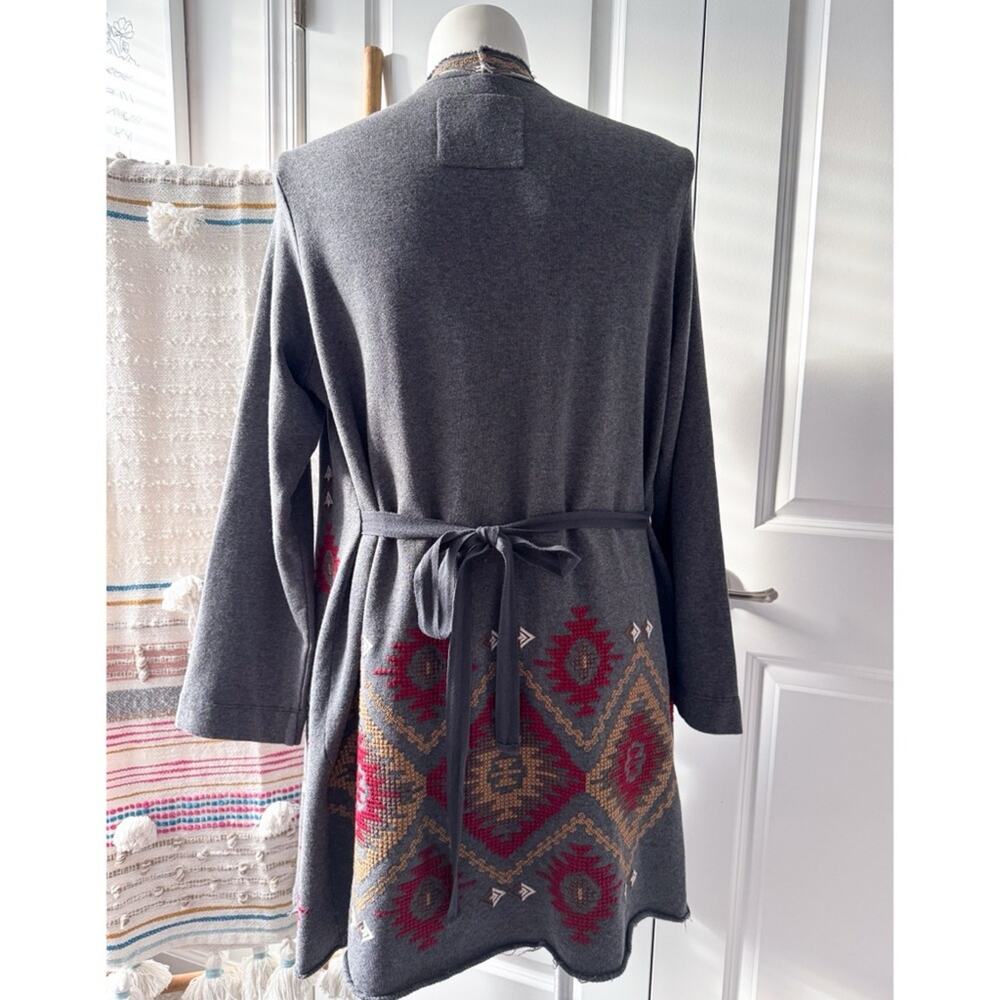 Johnny Was Grey Red Embroidered Aztec Wrap Draped Cardigan Sweater Women’s Large - Picture 2 of 9